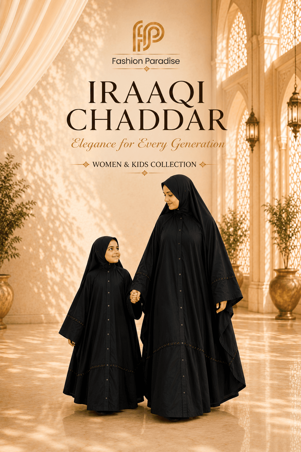 Fashion Paradise luxury modest fashion hero banner featuring women wearing premium Irani Chaddar, Lawn Chaddar, Adult Namaz Chaddar, and Kids Namaz Chaddar in an elegant beige Islamic-inspired setting.